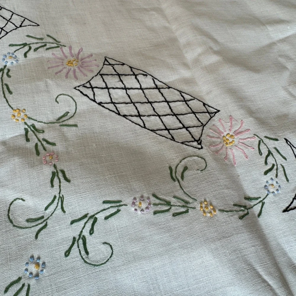 Vintage Hand Embroidered Floral Linen Tablecloth Lace Trim 31x33 Off White